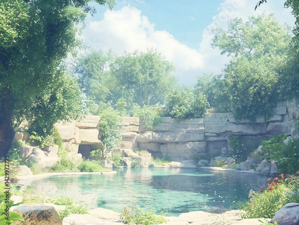 Fototapeta Serene Oasis Tranquil Pond Lush Greenery Stone Grotto Summer Landscape