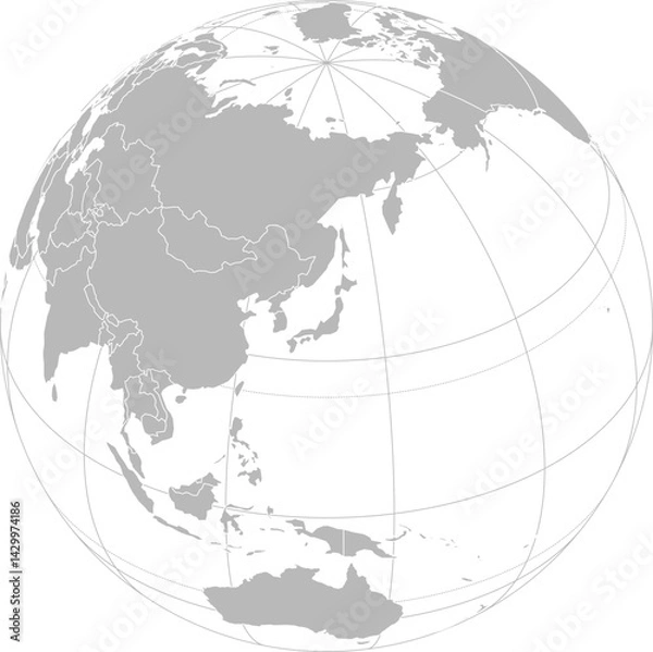 Fototapeta World vector map with country boundaries and graticules (Japan-centered view, orthographic projection, PPT-compatible & fully editable)