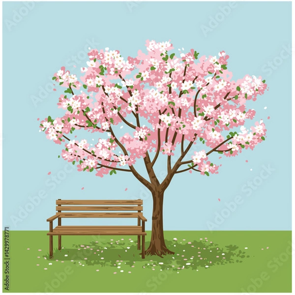 Obraz Cherry Blossom Tree with Bench in Spring Landscape  