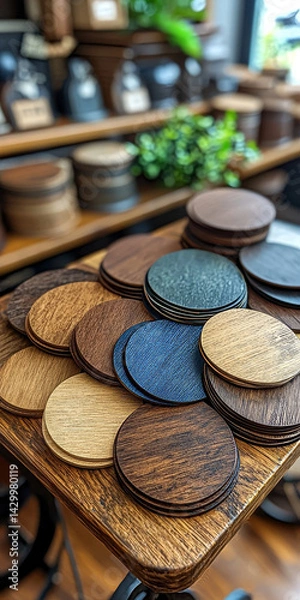 Fototapeta  Wooden Coasters Display on Rustic Table