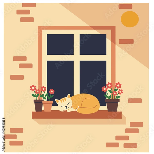 Obraz Cute cat sleeping on the windowsill with flower pots in sunlight  