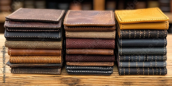 Fototapeta  Stacked Leather Wallets in Various Textures and Colors