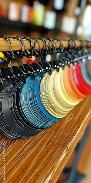 Fototapeta  Colorful Paint Swatches Displayed on Wooden Shelf