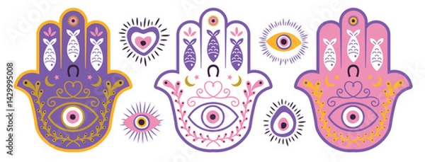 Fototapeta Hamsa set, hand of Fatima, soret and protection amulets set hand drawn. Exoteric and spiritual icons. For print, pattern, decoration. Vector illustration.eps