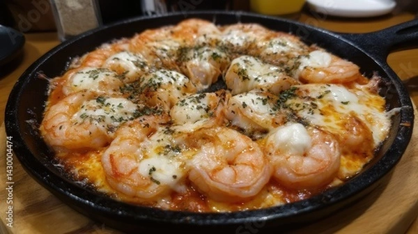Obraz Deep-dish shrimp pizza in a cast-iron pan with crusty edges and melted cheese