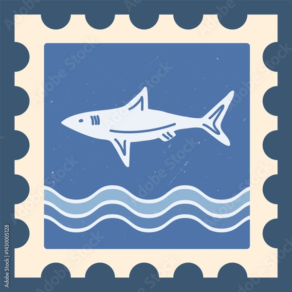 Obraz Stamp with sea animals in a minimalist style. Shark on a blue background on the waves. Vintage style