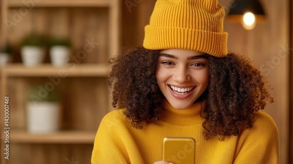 Obraz Happy young woman wea yellow beanie and sweater smiling while using smartphone indoors with warm lighting and wooden shelves in background