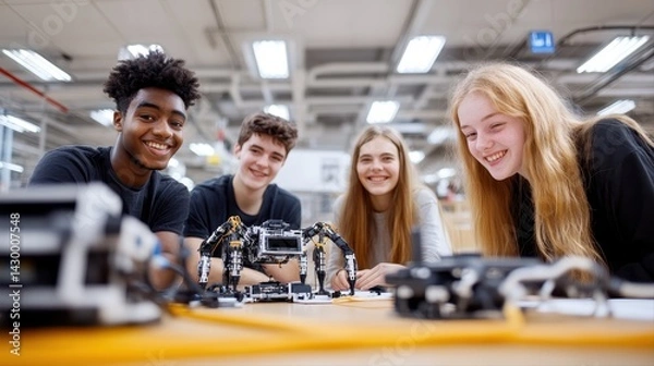Obraz Diverse group of four enthusiastic students working on robotics project in classroom workshop with electronic components and creative teamwork atmosphere
