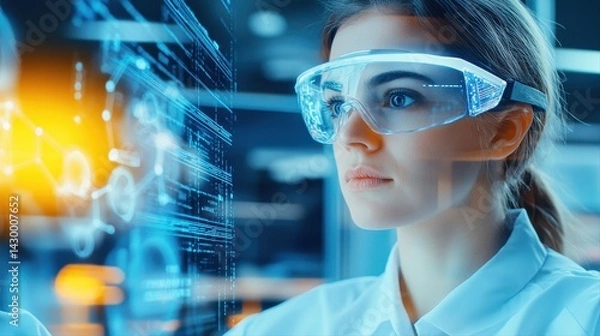 Obraz Close-up of a female scientist wea protective glasses analyzing futuristic digital holograms and data interface in high-tech laboratory environment