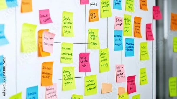 Obraz Colorful collection of sticky notes in various vivid colors with handwritten messages and ideas attached to a white wall for brainstorming and creative planning