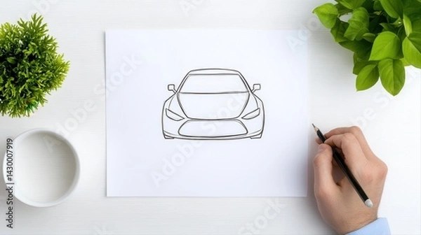 Obraz Drawing of a sleek modern sports car with a minimalist design on white paper, artistic concept sketch of automotive vehicle development and innovation