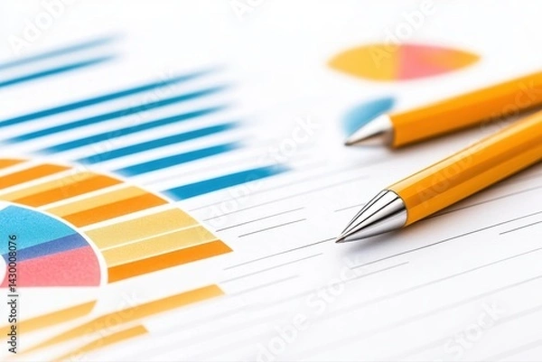 Fototapeta Close-up of professional business and marketing documents with colorful charts graphs and two yellow pens on white background for office work and data analysis