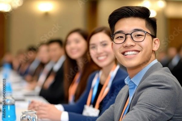 Obraz Diverse group of young professional businesspeople in formal attire smiling and engaging at a conference or seminar in a modern office setting with laptops and notebooks