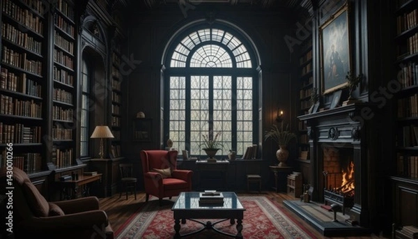 Fototapeta Cozy Library Ambience: Immerse yourself in the warm embrace of an opulent library, the inviting glow of a fireplace dancing in a stately room, brimming with books, light, and an atmosphere of calm. 
