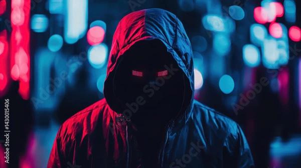 Fototapeta mysterious figure hooded jacket stands neon lit urban environment, with glowing eyes creating ominous atmosphere. scene is filled with vibrant red and blue lights, enhancing cyberpunk aesthetic