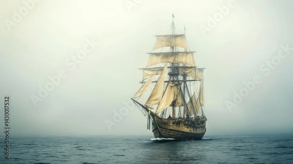 Fototapeta A large sailing ship sailing in a misty atmospheric seascape