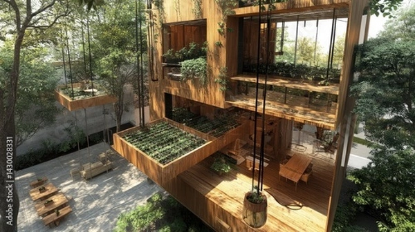 Obraz Elevated wooden structure amidst lush greenery.