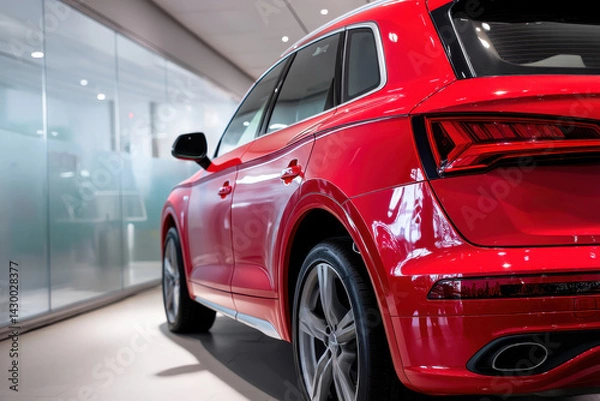Fototapeta A red SUV on display, the rear is behind frosted glass wall. Car design is not based on any real vehicle