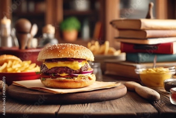 Fototapeta Delicious burger, fries, and sauces on rustic table