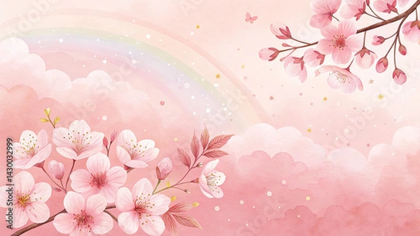 Fototapeta Cherry Blossom Dreamscape: Pink Butterfly and Rainbow Clouds