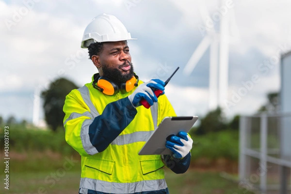 Obraz man in a yellow safety vest is pointing at a tablet while wearing a hard hat