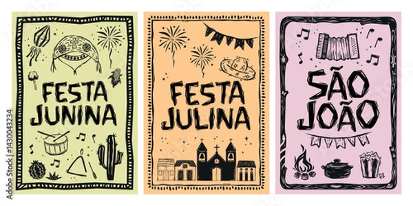 Fototapeta Posters for June and July festivals, in the woodcut style of cordel from northeastern Brazil. Editable vector illustrations. For printing, cards, fabric.eps