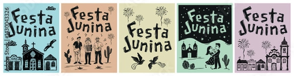 Fototapeta Set of posters for the June festival, a typical Brazilian holiday. In the style of the Northeastern cordel, made using the woodcut technique. .eps