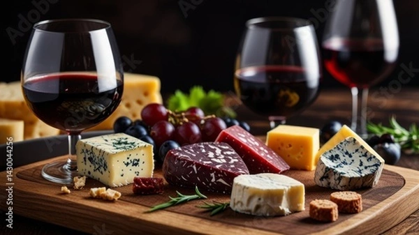 Fototapeta Red wine flight and cheese pairing on wooden board. Gourmet tasting experience with cheese cubes, moldy and hard cheeses selection.