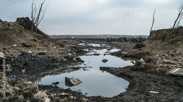 Fototapeta Desolate conflict zone war-torn landscape nature photography stark environment ground-level view despair concept