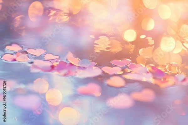 Fototapeta Pink Hearts Floating on Water with Soft Light and Bokeh