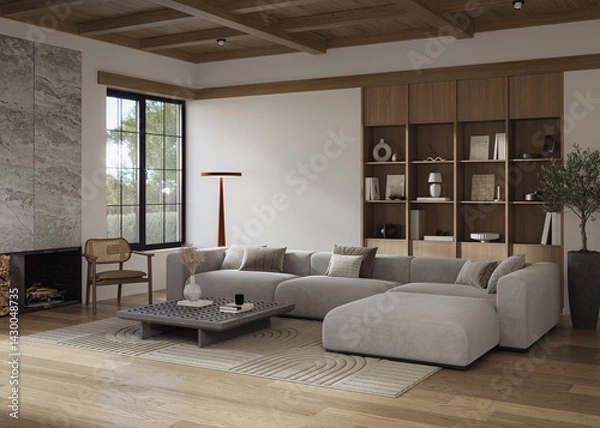 Fototapeta A stylish living room interior featuring modern designer furniture and elegant accessories, rendered in 3D	