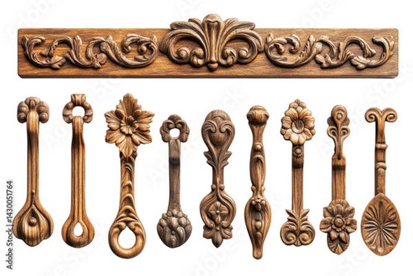 Fototapeta Intricate hand carved wooden spoons and ornate frieze showcase exquisite craftsmanship rich on transparent background