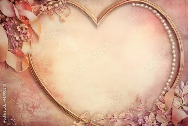 Fototapeta Romantic Gold Heart Frame with Pearls and Flowers on Vintage Background