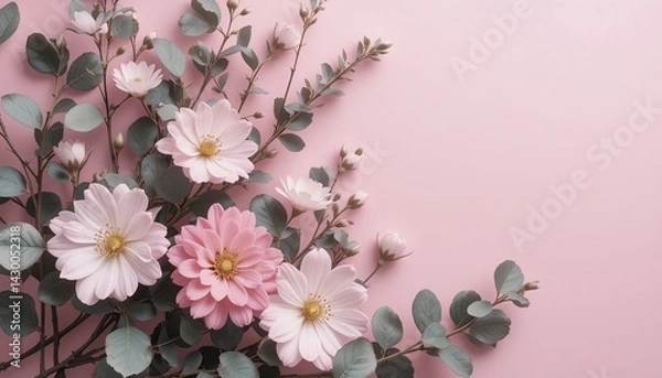 Fototapeta Eucalyptus branches and beautiful flowers on a pink background. Place for text