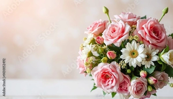 Fototapeta Festive bouquet of flowers on a light background with space for text.