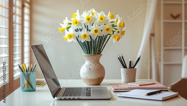 Fototapeta A blogger's workspace, with an elegant vase filled with a bouquet of fresh white daffodils on a wooden table surrounded by office essentials.