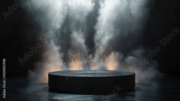 Fototapeta Black podium, dark smoke, with multiple light sources, complex 