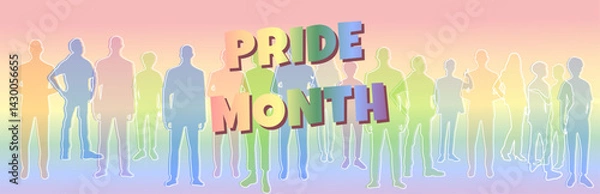 Fototapeta banner Vibrant rainbow silhouette crowd and 3D text celebrating Pride Month on a pastel gradient background