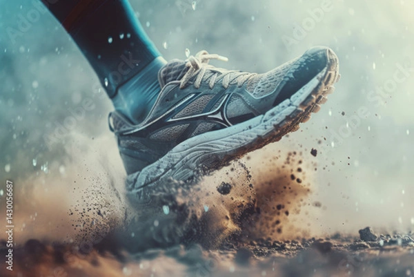 Fototapeta Close up of trail runners foot wearing running shoe on dusty ground. Outdoor trail running on rugged terrain