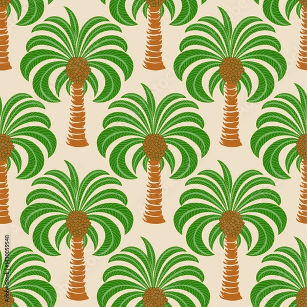 Fototapeta Seamless palm tree pattern featuring tropical botanical elements. This design is perfect for summer.