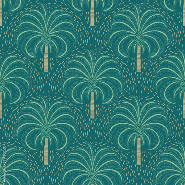 Fototapeta Seamless palm tree pattern featuring tropical botanical elements. This design is perfect for summer.