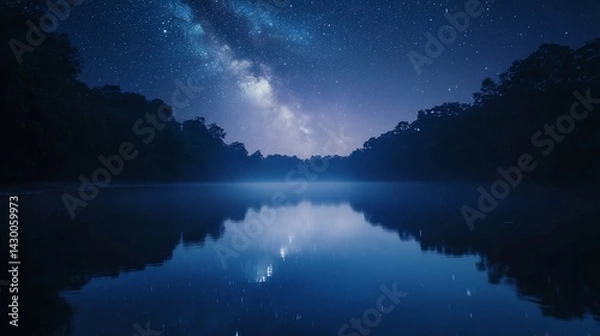 Obraz Tranquil lake reflections mirrored beneath a starry sky in a forest setting