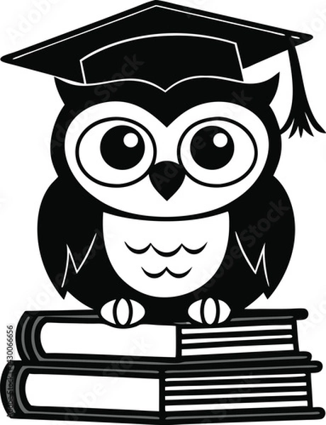 Obraz Cartoon owl logo with graduation cap blue owl sitting on books. vector illustration