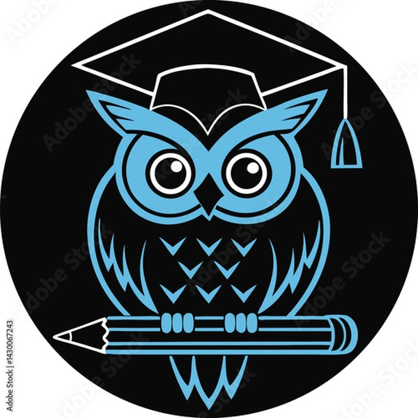 Obraz Cartoon owl logo with graduation cap blue owl sitting on pencil. vector illustration