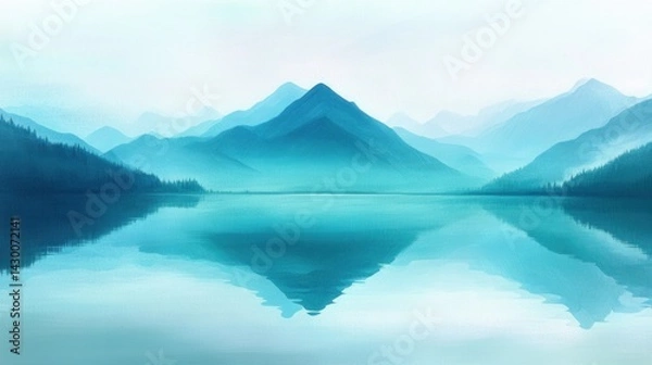Fototapeta Serene mountain landscape reflecting in tranquil water, featuring a majestic peak and ethereal blue hues in a minimalist, zen-like scene.
