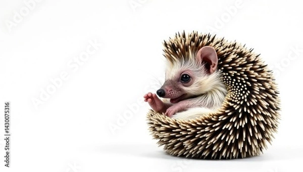 Fototapeta Tiny hedgehog curled in a ball, isolated on pure white background, background, resting, macro