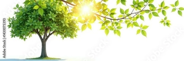 Fototapeta Tree isolated against white background with soft sunlight filtering through leaves, simplicity, foliage