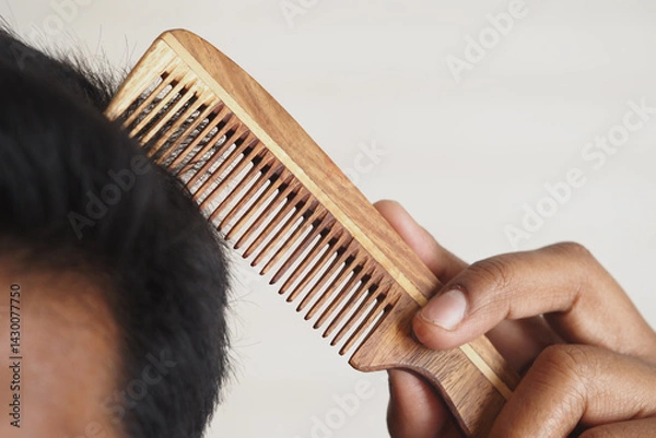 Obraz Person combing hair with a wooden comb in natural light setting