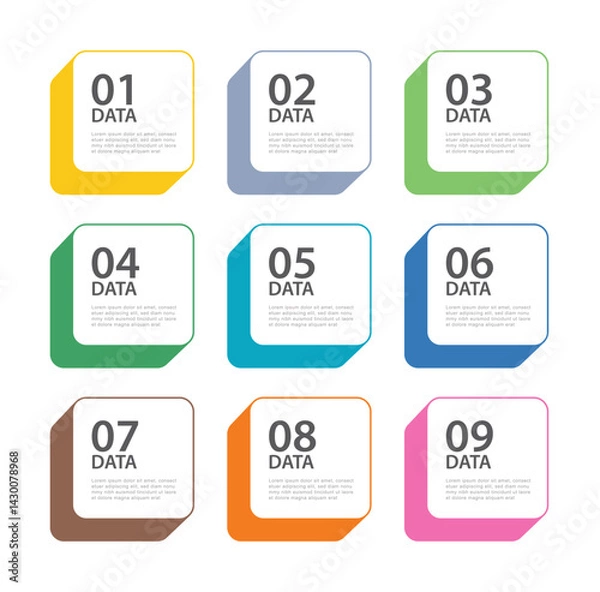 Fototapeta 9 data infographics button square template. Illustration abstract background.