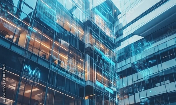 Fototapeta Modern glass office building with futuristic digital overlay.